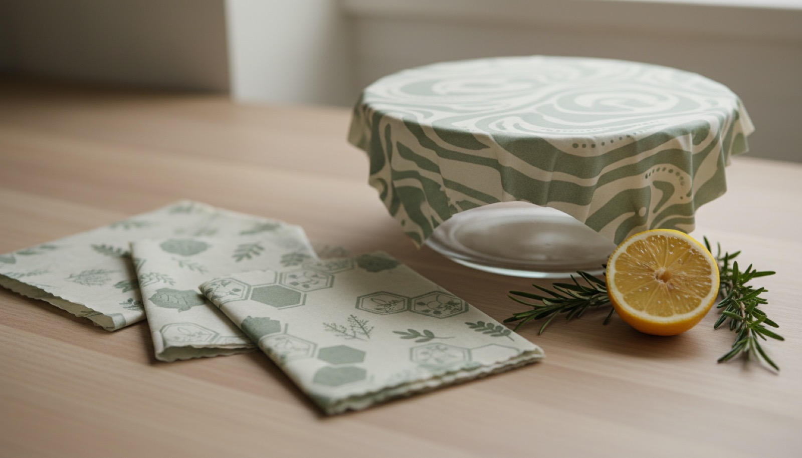 Folded reusable beeswax food wraps in muted sage and cream patterns on a light wood surface beside a glass bowl, a sprig of rosemary, and a lemon wedge in soft daylight.