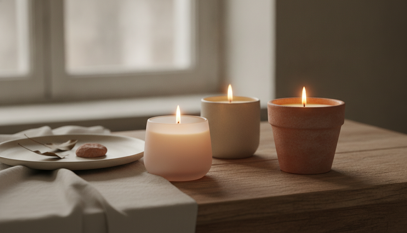 Three unbranded candles in plain glass and ceramic vessels lit on a wooden table in soft afternoon light.