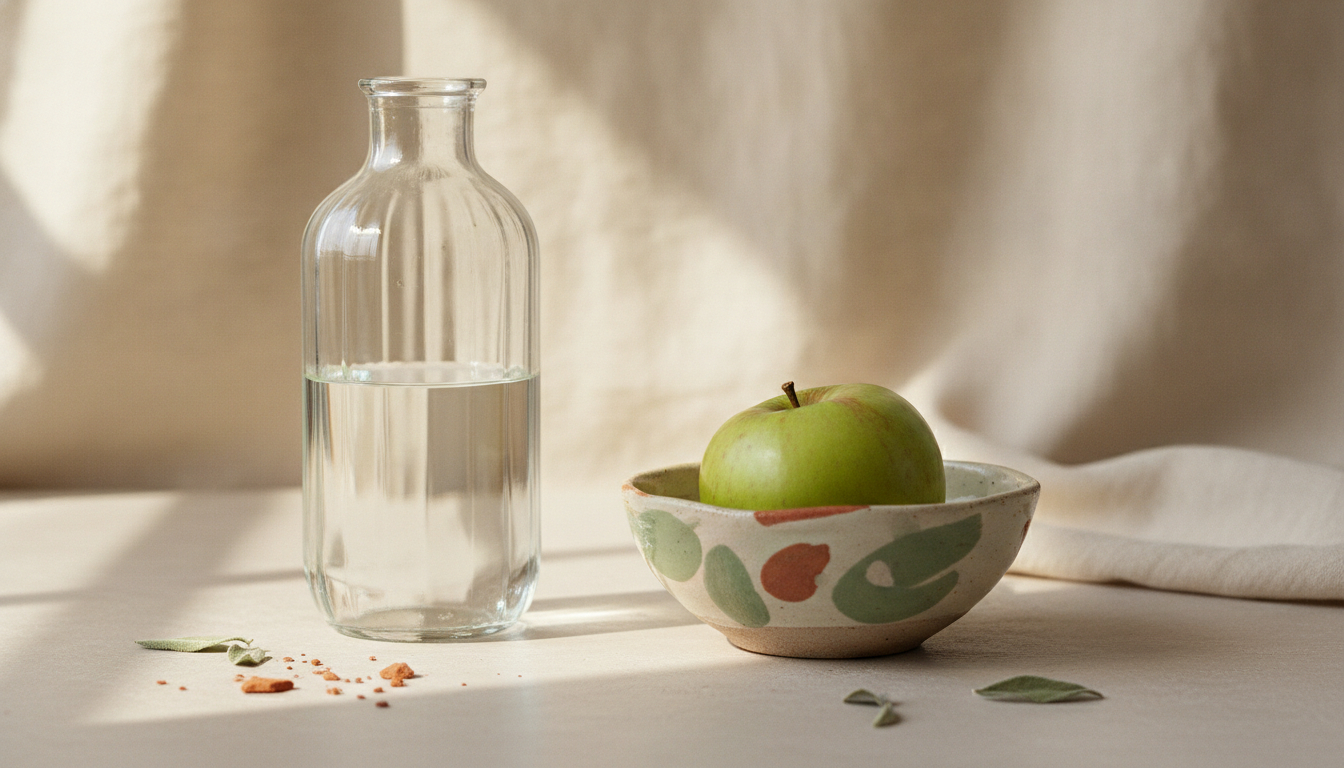 A glass water bottle, a fresh apple, and a small ceramic bowl arranged calmly on a pale linen surface, soft natural light.