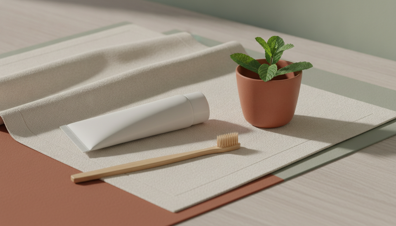 An unbranded white tube and a bamboo toothbrush with a sprig of fresh mint and a terracotta cup on pale linen.