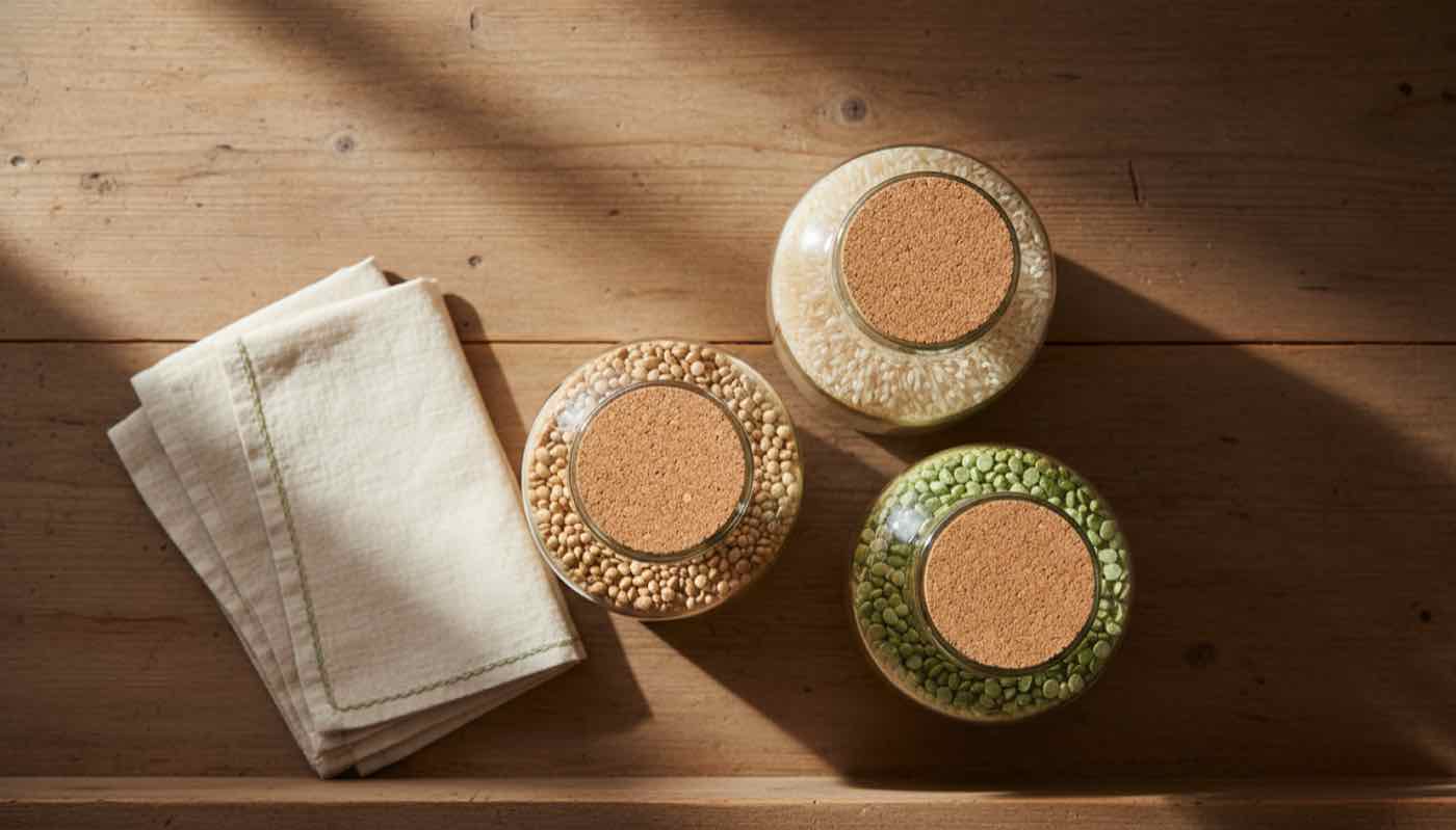 Eine Reihe markenloser, klarer Glas-Vorratsdosen mit Holzdeckeln, gefüllt mit Getreide und Resten, auf einer cremefarbenen Arbeitsfläche bei sanftem Tageslicht.