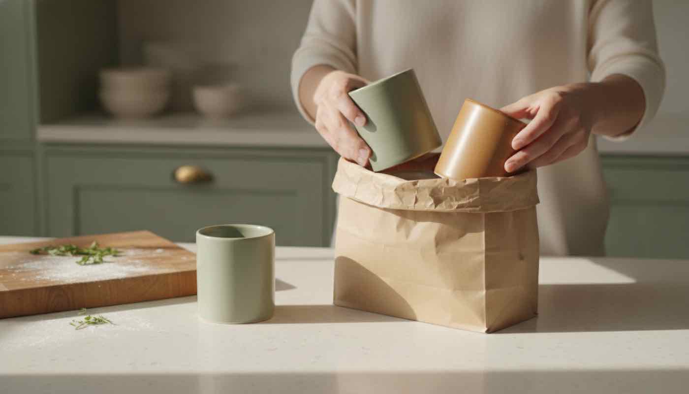 Kitchen counter with three plain unbranded items being removed and placed into a brown paper bag in soft morning light.
