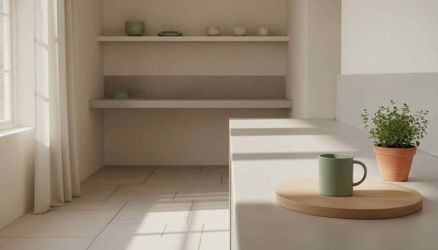 Calm minimal kitchen with a plain ceramic mug, wooden cutting board, and small herb pot on a stone counter.