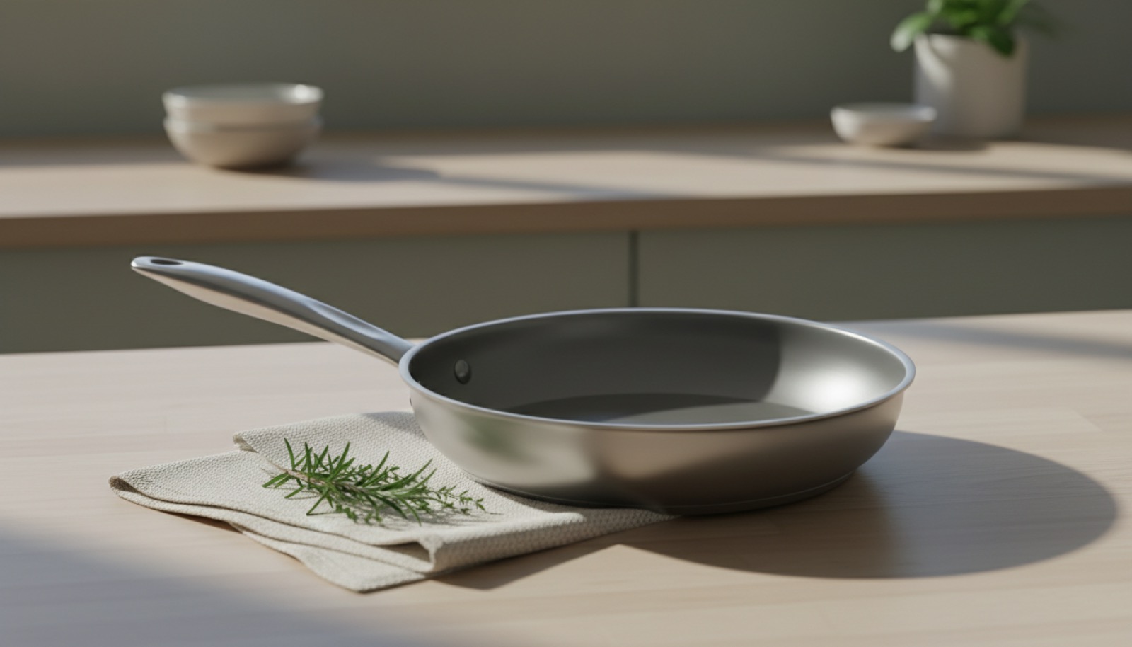A plain unbranded stainless steel frying pan on a light wood kitchen counter beside a folded linen cloth and a sprig of green herbs in soft morning light.