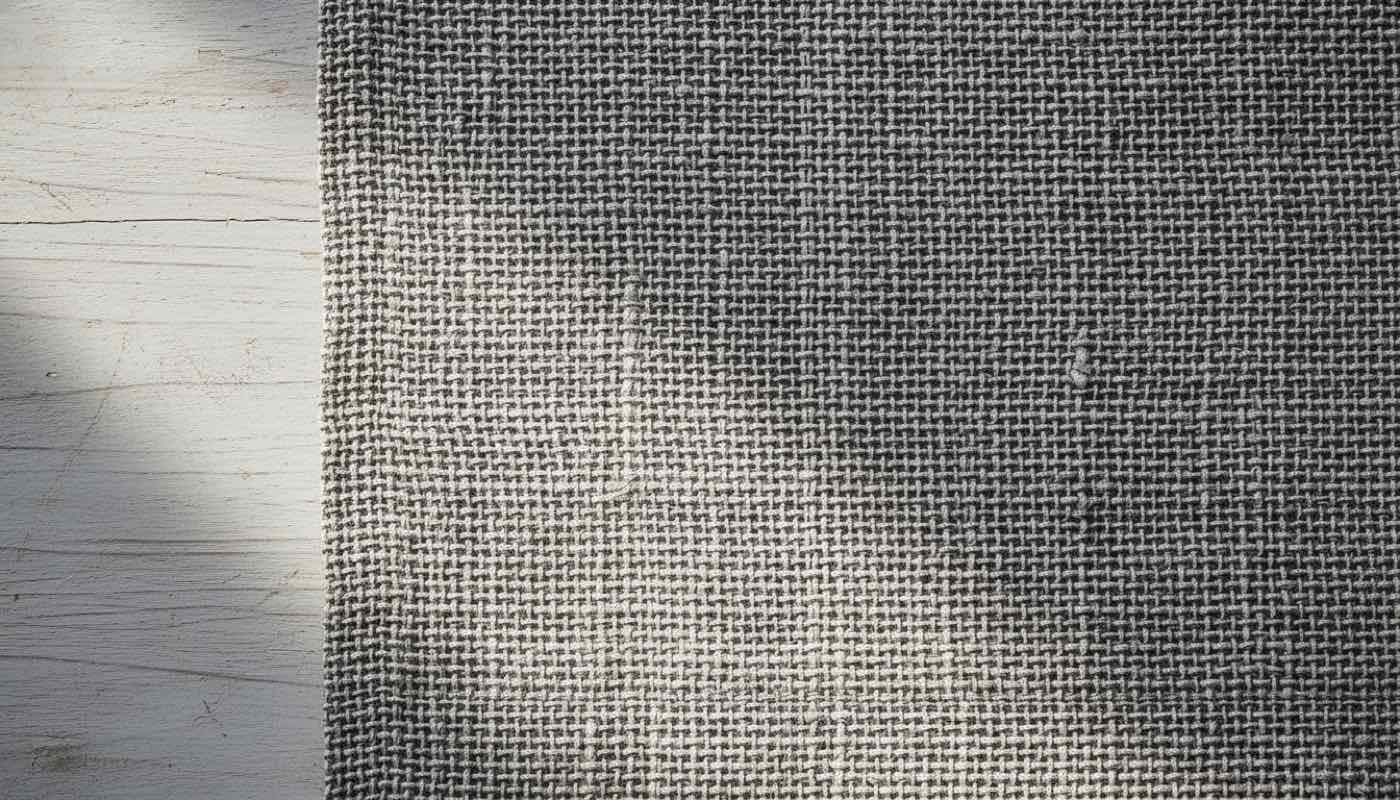 Top-down macro of plain natural-fibre linen weave on a wooden surface, soft window light, calm investigative composition.