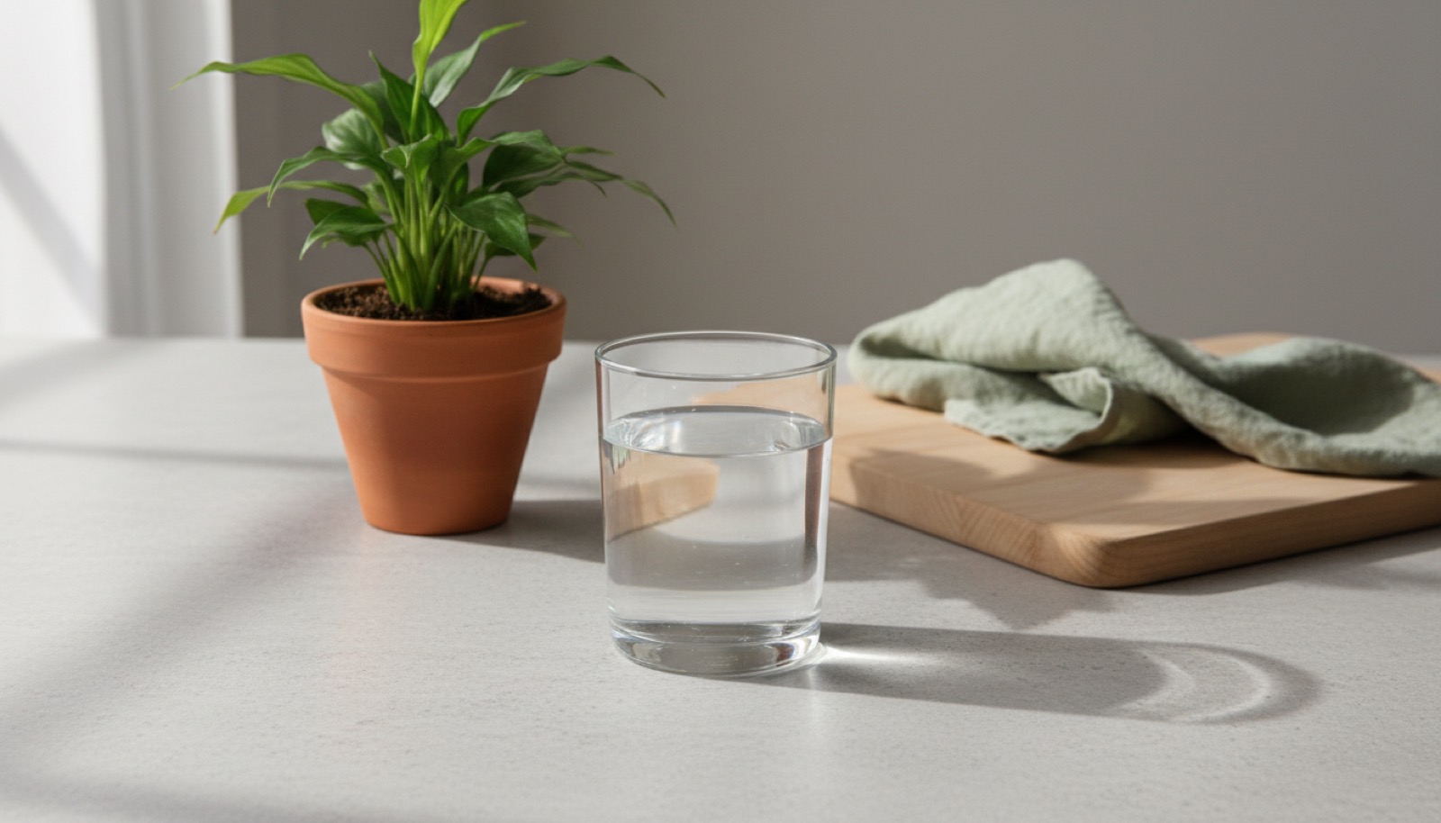 A clear glass of water on a pale stone counter beside a small potted green plant in soft natural daylight.