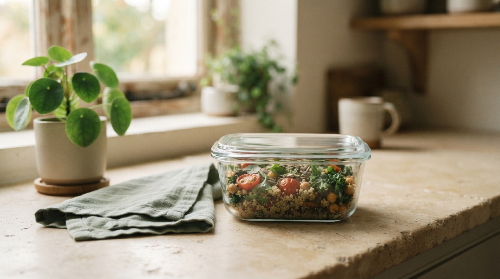 A plain glass food container with a glass lid on a pale stone kitchen counter beside a folded sage-green cloth and a small green plant in soft daylight.