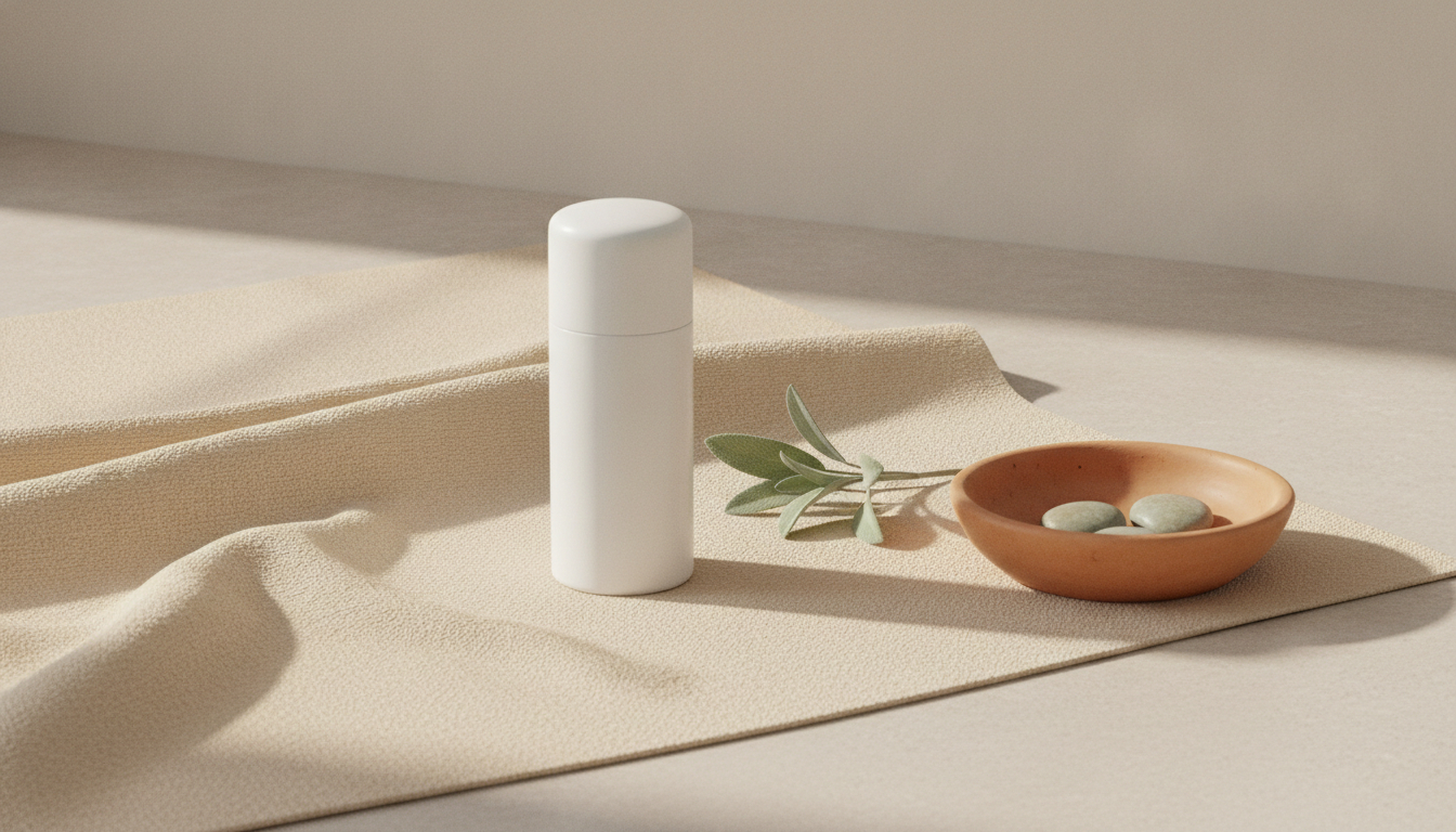 An unbranded white deodorant tube beside a sprig of sage and a small terracotta dish on warm cream linen in soft morning light.