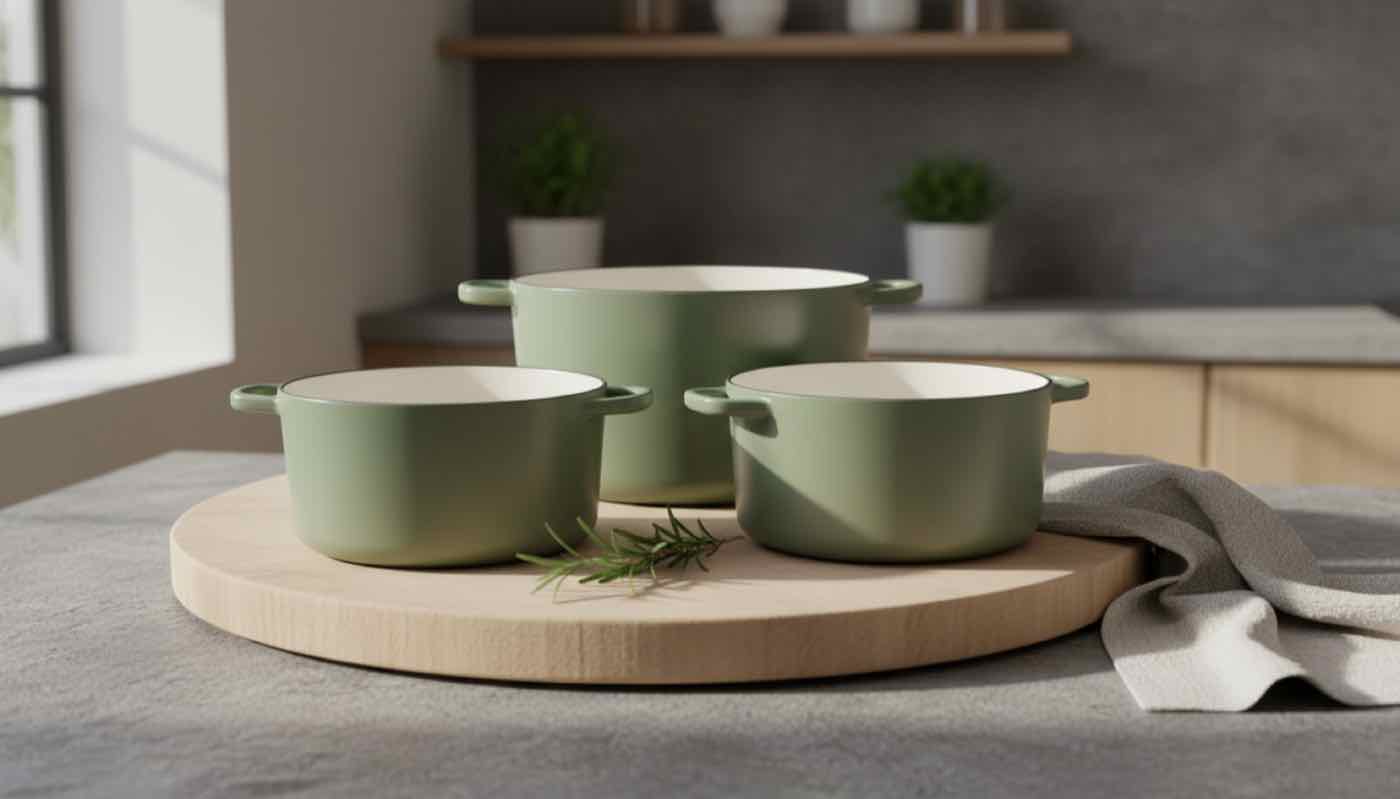 Three unbranded cooking pots arranged on a wooden cutting board on a stone counter with morning kitchen light.