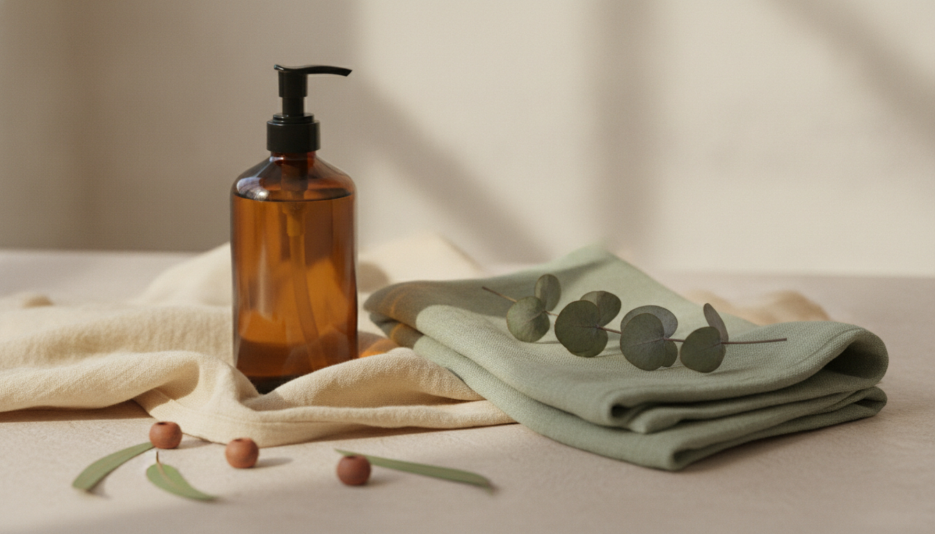 An unbranded amber-glass pump bottle beside a folded sage-green towel and eucalyptus leaves on warm linen.