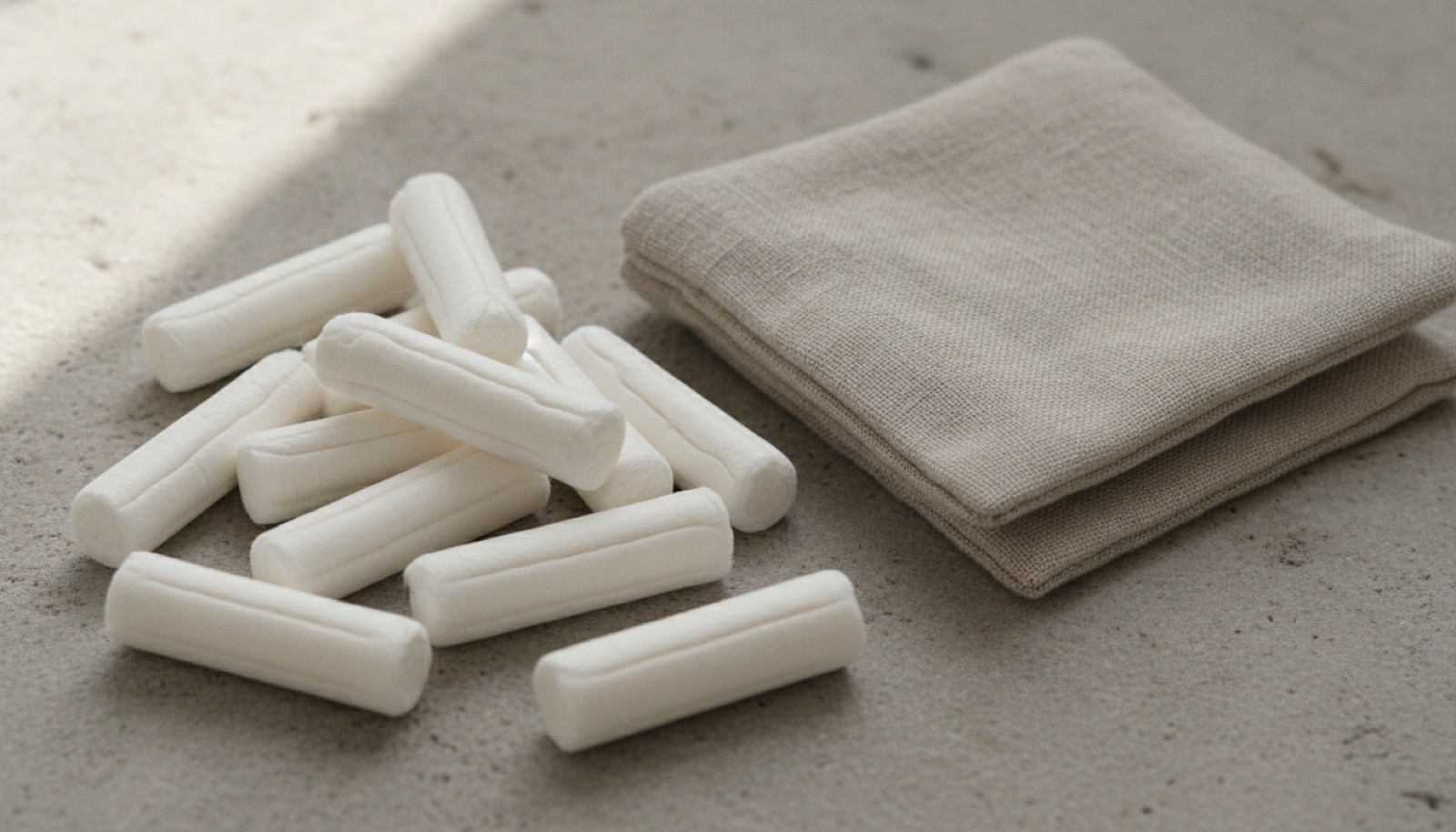 Markenlose Baumwolltampons und ein kleiner gefalteter Leinenbeutel auf einer hellen Steinfläche im sanften Tageslicht.
