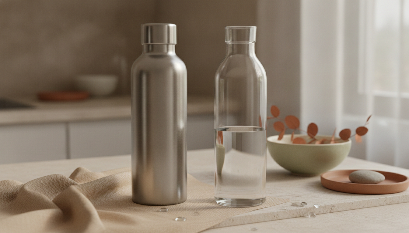 Eine markenlose Edelstahl-Trinkflasche und eine klare Glasflasche nebeneinander auf einer hellen Leinenfläche im sanften Morgenlicht.
