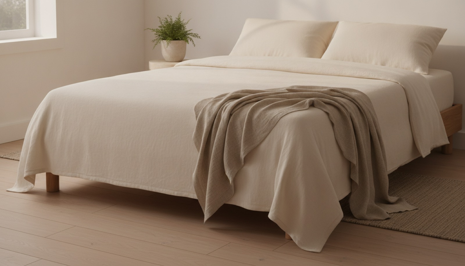 A neatly made bed with undyed organic cotton sheets and a folded linen throw in soft morning light.
