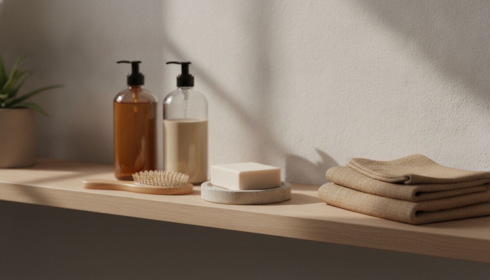 A plain shelf with unbranded glass bottles, a bar of soap, a wooden brush, and a folded linen towel in soft morning bathroom light.