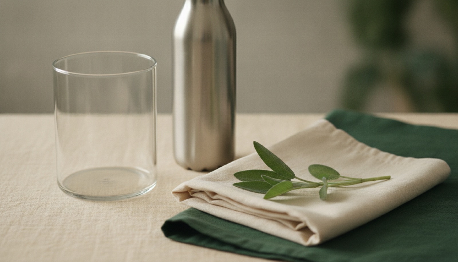 A glass jar, a stainless steel water bottle, a natural cotton produce bag and a sprig of sage arranged on a cream linen surface in soft daylight.