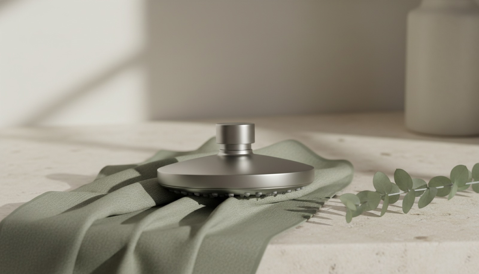 An unbranded brushed stainless steel shower filter on a plain shower arm beside a folded sage towel and a sprig of eucalyptus in soft morning light.