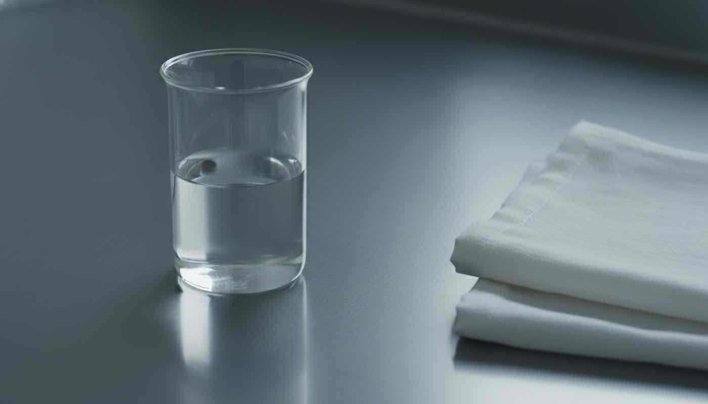 Plain glass laboratory beaker with clear liquid on a stainless steel laboratory bench in soft cool laboratory light.