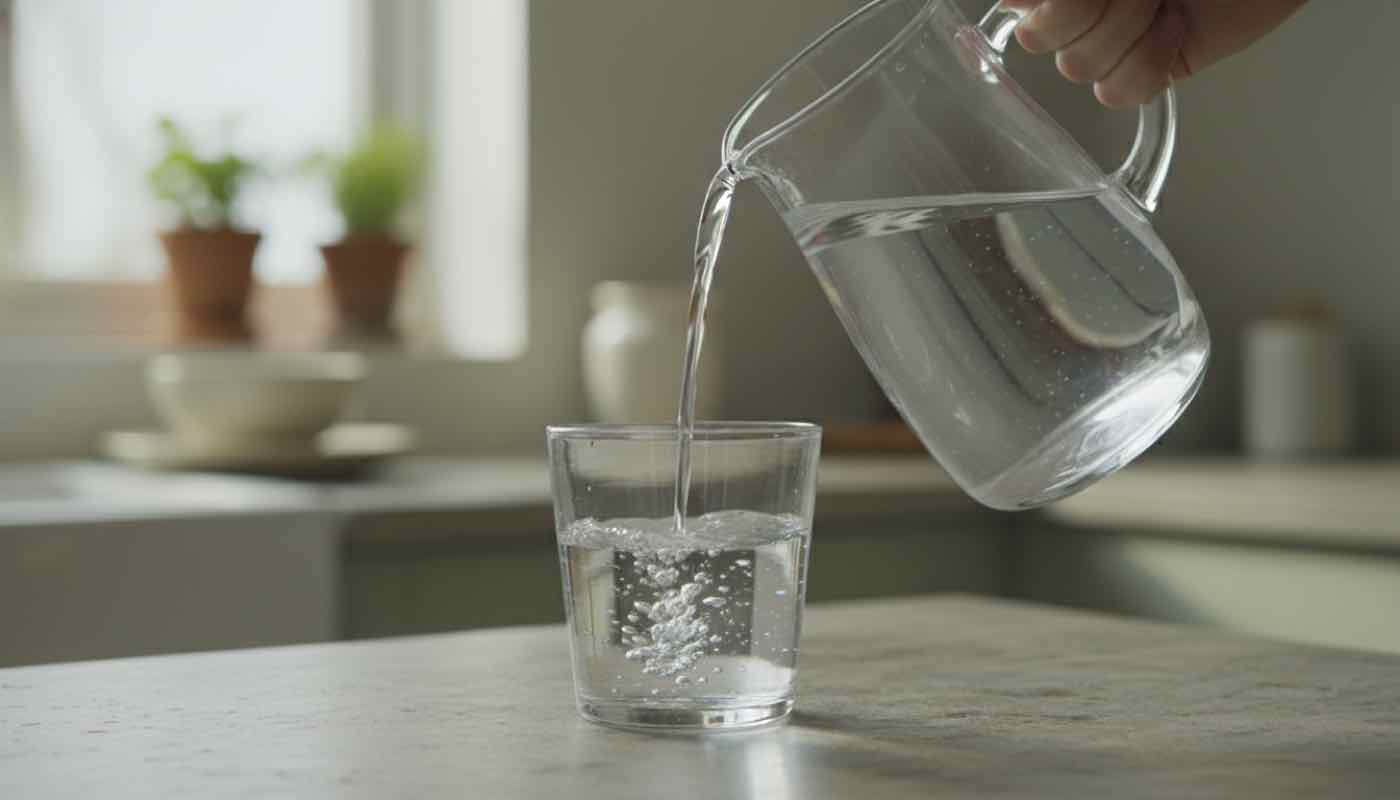 Clear stream of water pouring from a plain glass pitcher into a clean drinking glass on a stone counter, soft morning kitchen light.